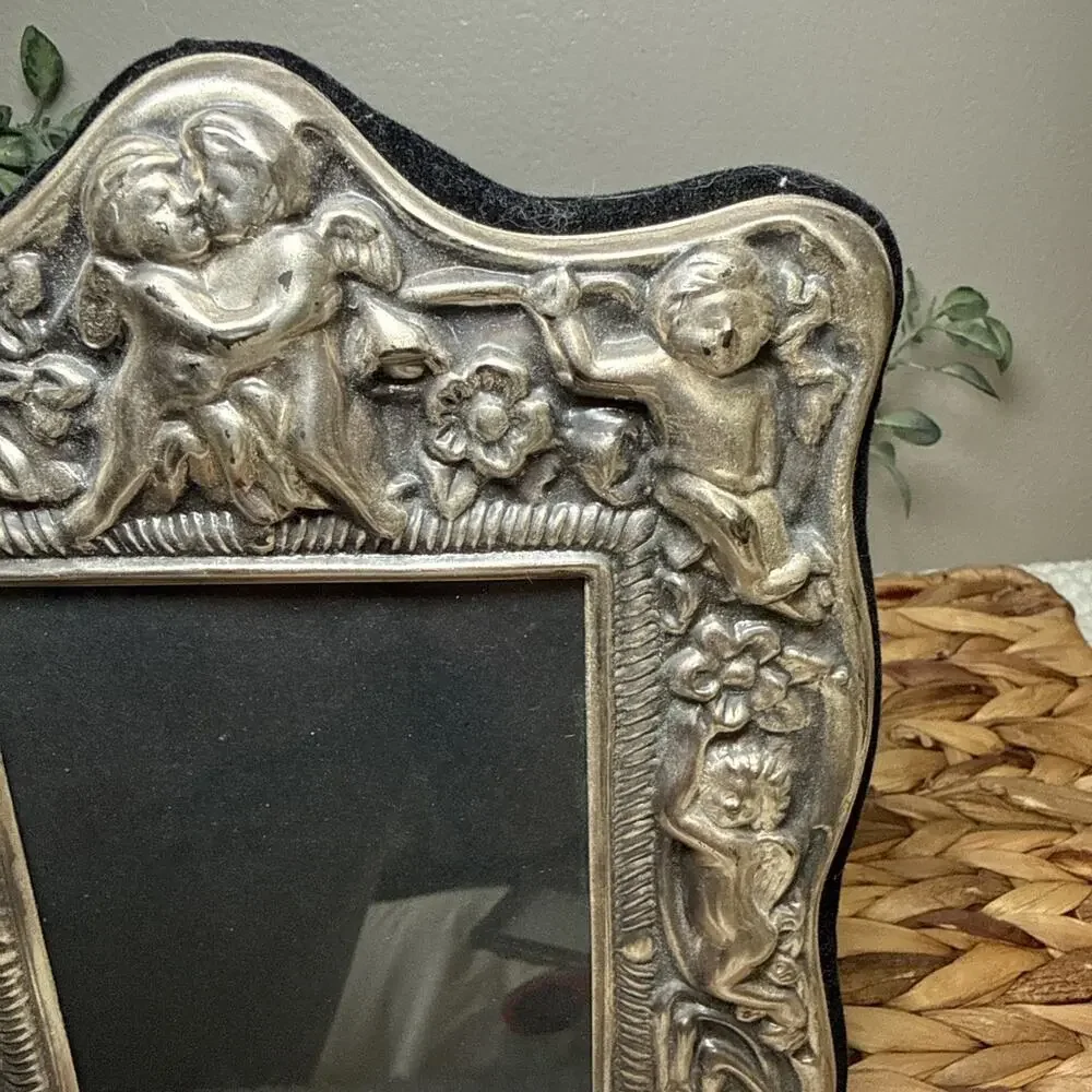 Silver Tone Cherub Putti Picture Frame Ornate Rococo 3.5x5 Glass Victorian VTG